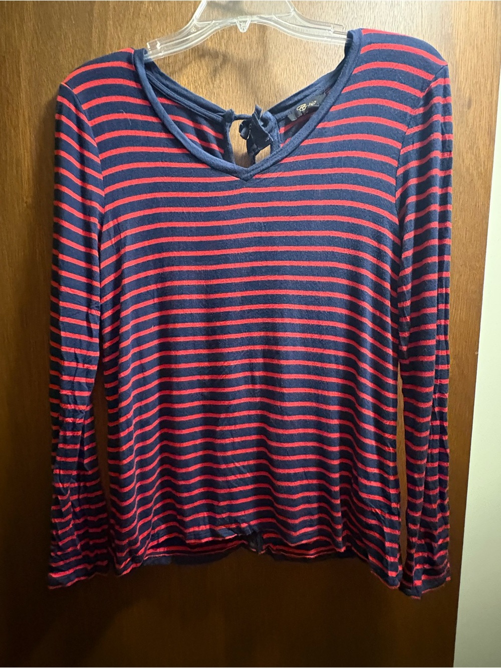 Cupio Navy and Red Striped Tie-Back V-Neck Long Sleeve Top